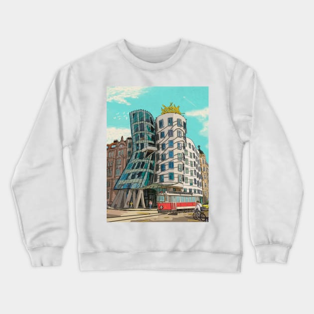 Dancing House Prague Czech Republic Illustration Crewneck Sweatshirt by Wall-Art-Sketch